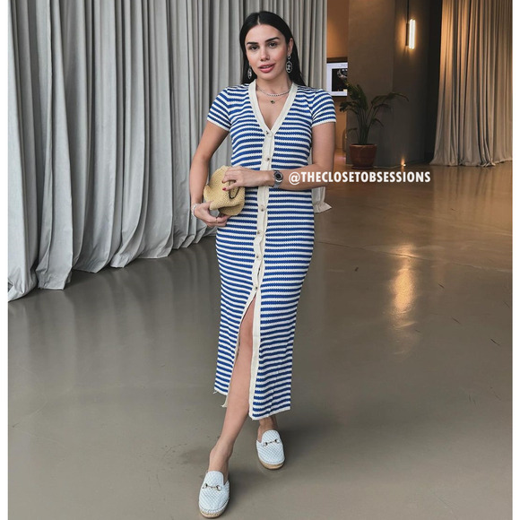 MANGO BLOGGER FAVE!!! Striped Knit Midi Dress NWT | Blue White Size 8 - Picture 12 of 16